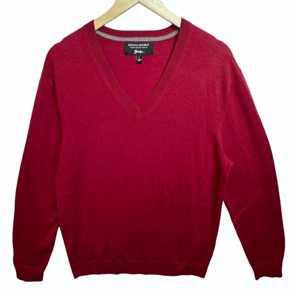 Banana Republic Mens Italian Merino Wool Sweater Size L V Neck Baruffa Yarn Red - Picture 1 of 7